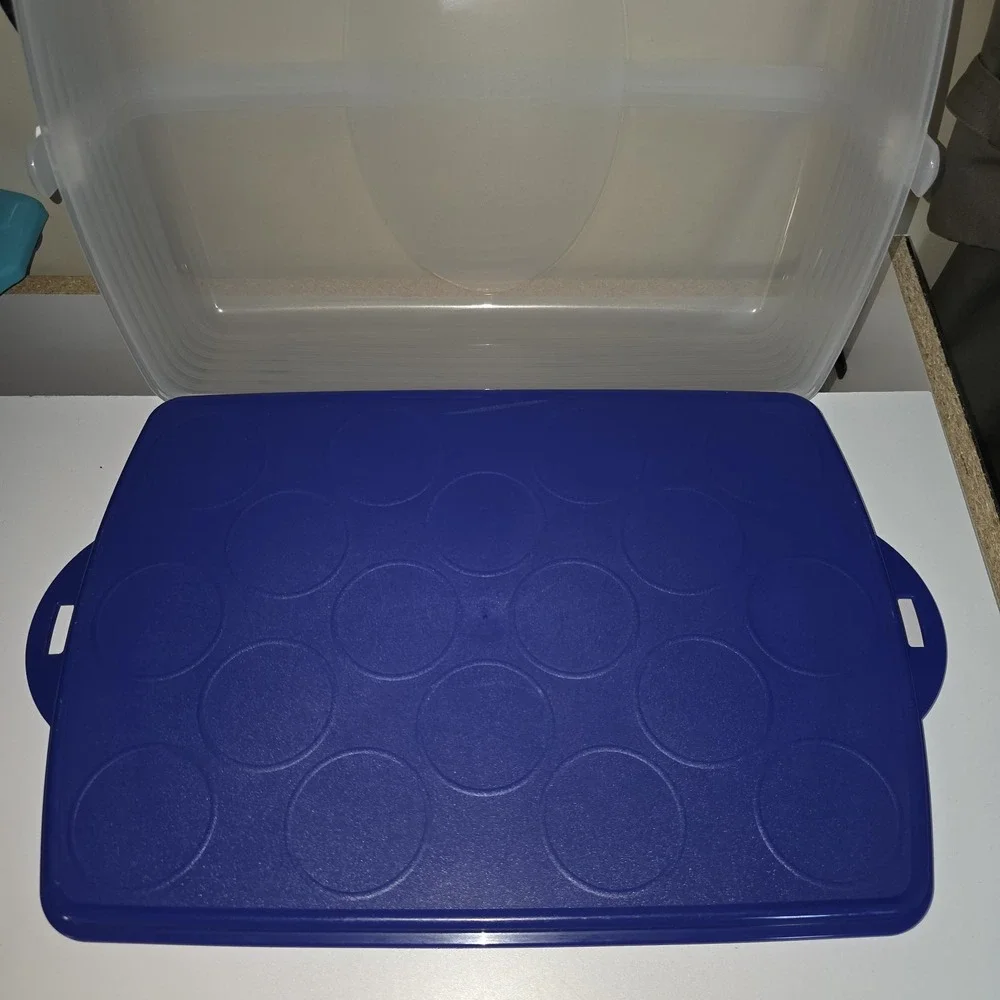 Tupperware Bake N Take Cake Cupcake Rectangle‎ Taker Carrier Blue Clear in EUC